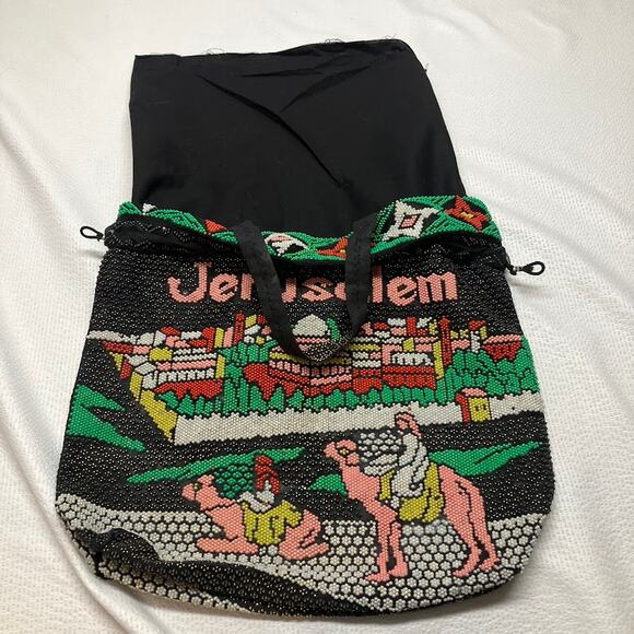 Jerusalem Beaded Handmade Vintage Tote Bag Purse Black Double Handle Israel - Picture 10 of 10